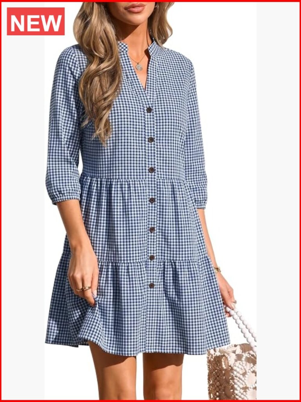 Casual V-Neck Gingham Plaid Midi Dress with 3/4 Sleeves